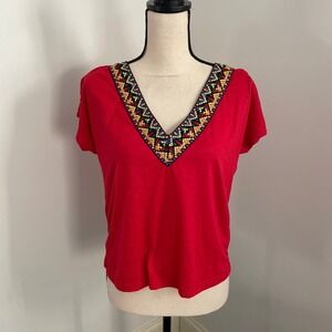 Red Embroidered‎ V-Neck Short Sleeve Boxy Shirt size Medium Boho Festival Artsy